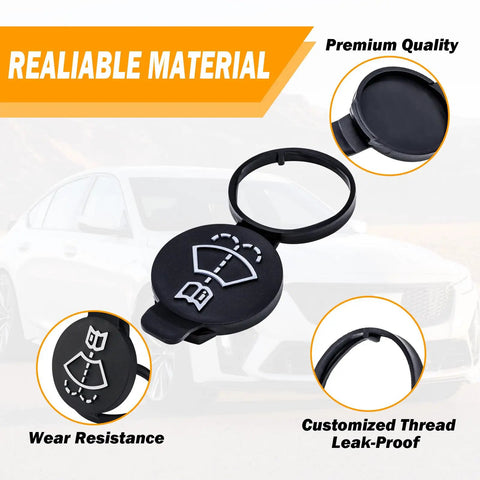 Easy Drop In Windshield Washer Fluid Cap Replacement For Chevy, Cadillac, GMC, Buick, black cap shown with close-up details