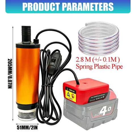 Handy Cordless Oil Transfer Pump With Battery Powered Design For Easy Liquid Flow Control, 2.8m hose, metal body and battery.