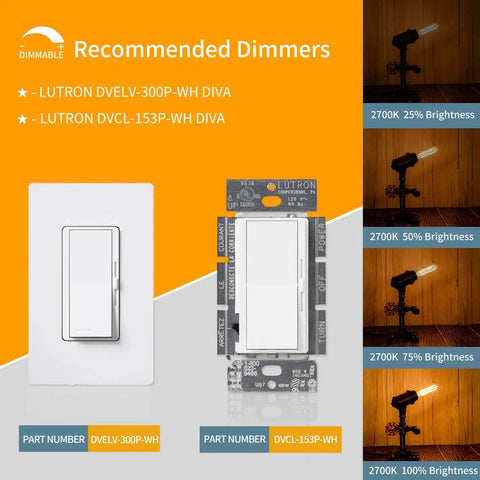 Recommended dimmers for T10 LED Tubular Bulbs Warm White 2700K 6W Dimmable Vintage Filament Bulbs with dimmer settings demonstration.