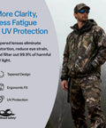 Man in camo outfit outdoors wearing Dorado Safety Glasses With Dual Lenses ANSI Z87 Plus Blue Light Blocking UV Protection And Anti Scratch Coating