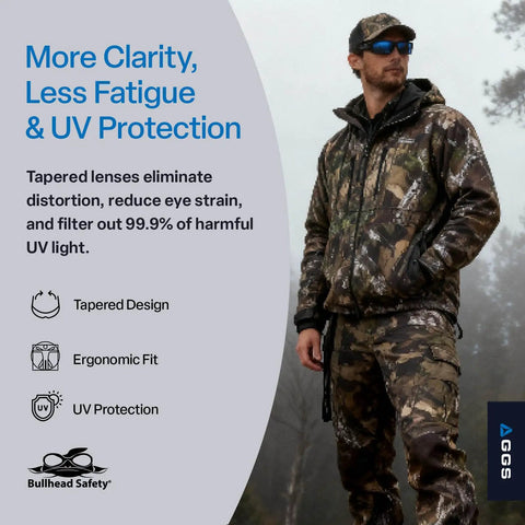 Man in camo outfit outdoors wearing Dorado Safety Glasses With Dual Lenses ANSI Z87 Plus Blue Light Blocking UV Protection And Anti Scratch Coating