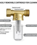 Diagram of XZ02 50 Micron Reusable Brass Washing Machine Water Filter showing components and features.