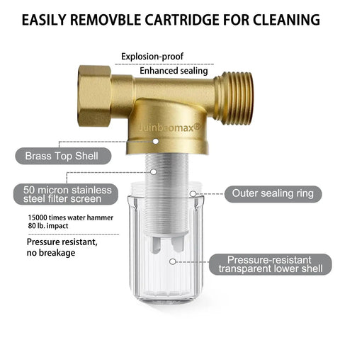 Diagram of XZ02 50 Micron Reusable Brass Washing Machine Water Filter showing components and features.