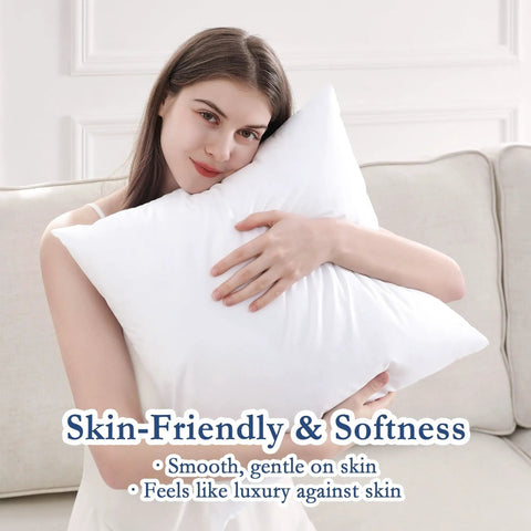 Woman holding 20x20 Outdoor Pillow Inserts Set Of 2 With Waterproof Fabric Down Alternative Cushions on a sofa.