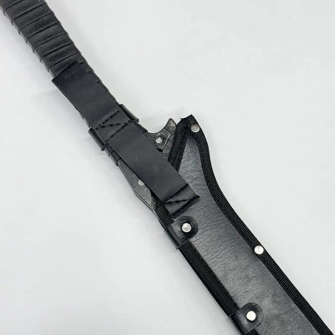 Handle and sheath close-up of Handmade High Carbon Steel Sword With Full Tang Blade Sharp Edge Leather Sheath All Metal Construction
