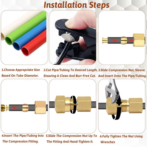 Brass 1/4 inch compression fittings kit with sleeve and nut; assorted colored tubing and installation steps.