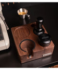 Straight Up Organized Espresso Tamper Station With Universal 51 To 58mm Base And Built In Powder Dispenser Premium Walnut Barista Organizer in use with tampers.