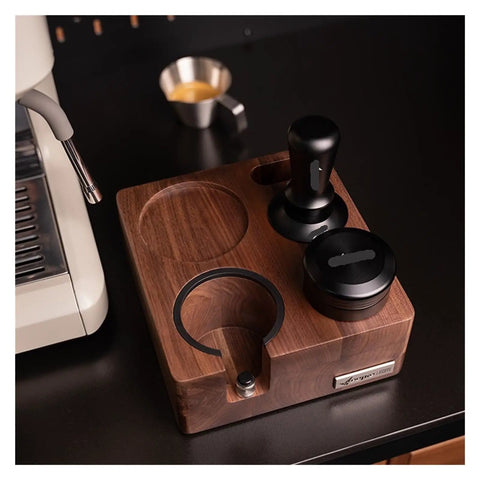 Straight Up Organized Espresso Tamper Station With Universal 51 To 58mm Base And Built In Powder Dispenser Premium Walnut Barista Organizer in use with tampers.