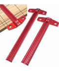 Digital Caliper, Carpenter’s Marking Ruler Square Perforated T-Square Tool in red, showing marking scales and aluminum alloy design.