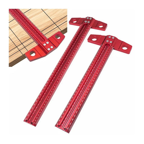 Digital Caliper, Carpenter’s Marking Ruler Square Perforated T-Square Tool in red, showing marking scales and aluminum alloy design.