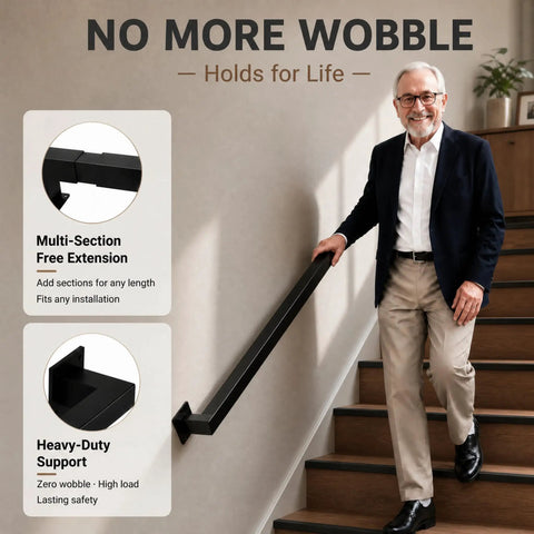 7 Foot Wall Mounted Handrail Premium Heavy Duty Stair Railing Rock Solid Steel Safety Grab Bar With 500 Pound Capacity Real Long Lasting Build For Indoor Stairs with person using on staircase.