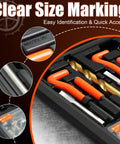 131 Piece Thread Repair Kit with HSS Drill Bits and Helicoil Inserts featuring clear size marking.
