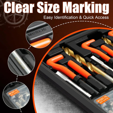 131 Piece Thread Repair Kit with HSS Drill Bits and Helicoil Inserts featuring clear size marking.