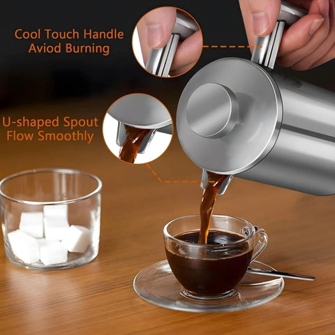 Super Thick French Press Coffee Maker Double Wall Insulated Stainless Steel pouring coffee into a glass cup with spoon.