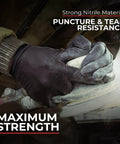 Hands wearing Super Strong Black Nitrile Gloves 1000 Count Large Disposable Latex Free Powder Free 4 Mil gripping a tool.