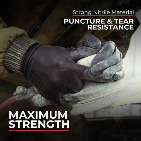 Hands wearing Super Strong Black Nitrile Gloves 1000 Count Large Disposable Latex Free Powder Free 4 Mil gripping a tool.