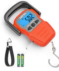 Portable Digital Fishing Scale With Measuring Tape, Backlit LCD Display, Data Lock, Lightweight 8.3 Oz Hanging Scale For Outdoor Fishing, Travel Luggage, Accurate Weight Readings For Freshwater And Saltwater, orange handheld scale with strap, hook, and batteries
