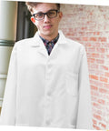 Mens Lab Coat Costume For Adults, Breathable White Doctor Jacket on model outside, showing full front view of labwear