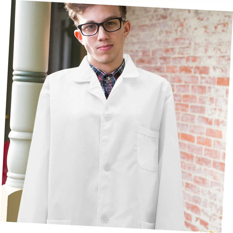Mens Lab Coat Costume For Adults, Breathable White Doctor Jacket on model outside, showing full front view of labwear