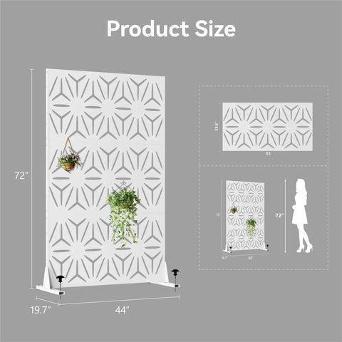 72 Inch Tall Metal Privacy Screen Three Panel Outdoor Freestanding Privacy Panel For Patio Backyard Deck With Anti Tipping Kit Weather Resistant Steel And Easy DIY Assembly Modern Geometric Design In White product dimensions