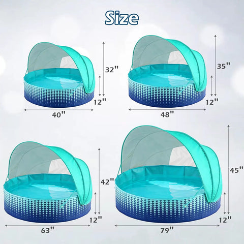 Four sizes of Kiddie Pool With Canopy And Shade For Backyard Water Play 40 Inch Foldable Toddler Pool With Sun Shelter shown