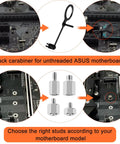 Image showing black carabiner and different-height M.2 studs and screws, part of M.2 NVMe SSD Mounting Screws Kit for PC.