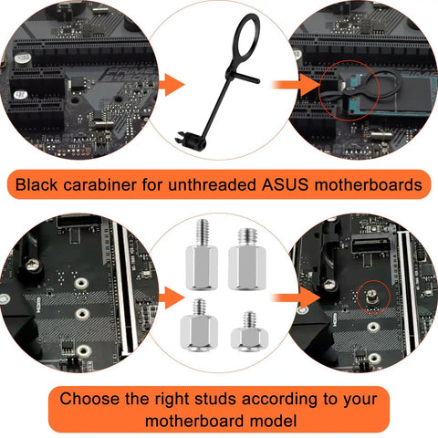 Image showing black carabiner and different-height M.2 studs and screws, part of M.2 NVMe SSD Mounting Screws Kit for PC.