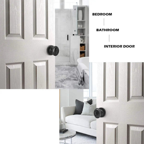 Slick Egg Style Privacy Knobs Keyless Interior Door Handles Matte Black Stainless Steel Finish on gray interior door.