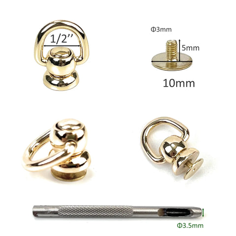 8 Pcs Ball Studs Rivets Set Light Gold 360 Rotatable D Rings For Leather Craft Crossbody Purses And Bags Zinc Alloy Heavy Duty Hardware Kit