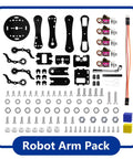 Robot Arm Expansion Pack: black plastic arm pieces, gears, screws, nuts, motors, cables, and blue/yellow blocks.