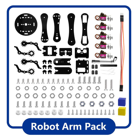 Robot Arm Expansion Pack: black plastic arm pieces, gears, screws, nuts, motors, cables, and blue/yellow blocks.