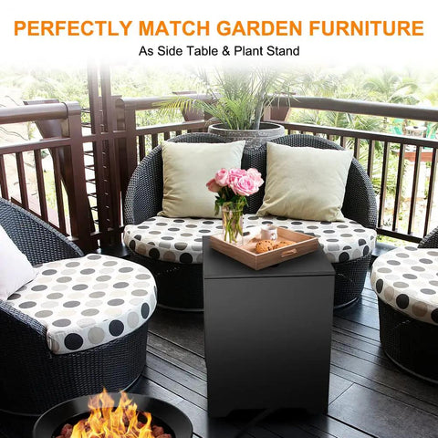 Propane Tank Hideaway Table For 20Lb Tank, Stainless Steel Outdoor 15.7 Inch Black Cylinder Cover used as patio side table.