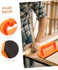 Safety Push Block for Table Saws and Router Tables Lightweight Portable Orange Woodworking Push Block for workshops Safer Cuts and Precise Control All Day Performance next to craftsman at workbench