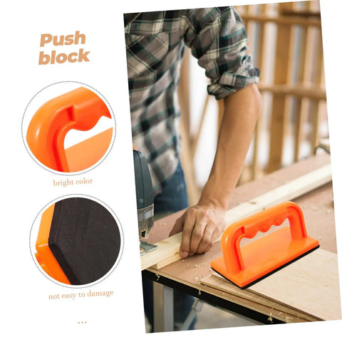 Safety Push Block for Table Saws and Router Tables Lightweight Portable Orange Woodworking Push Block for workshops Safer Cuts and Precise Control All Day Performance next to craftsman at workbench