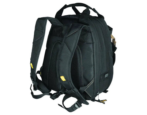 Back view of Rugged Carpenter Tool Backpack With 44 Pockets And Padded Back Support For Comfort Dual Main Compartments For Tools.