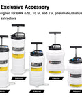 Five EWK oil extractors for 6.5L, 10.5L, and 15L with black handles, compatible with 1.5 Meter Brake Bleeding Hose For 6.5L 10.5L And 15L Pneumatic Or Manual Oil Extractors Vacuum Fluid Pump And Oil Changer Accessory For Car Maintenance DIY.