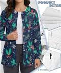 Christmas Holly Womens Snap Front Scrub Jacket In Stretch Fabric Long Sleeve Medical Uniform with pocket details