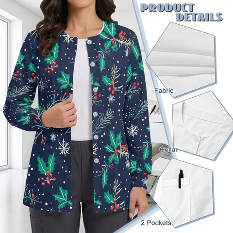 Christmas Holly Womens Snap Front Scrub Jacket In Stretch Fabric Long Sleeve Medical Uniform with pocket details