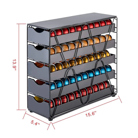 Ultra Slim 5 Point 4 Inch Wide Nespresso Pod Holder Drawer 5 Tier Multi Layer Organizer For Vertuo Pods Holds 100 Pods