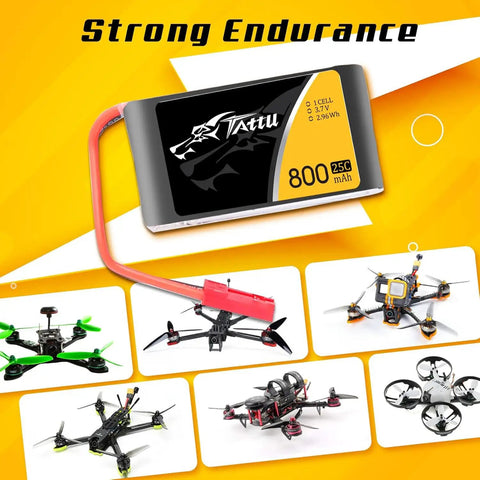 3.7V 800mAh 25C 1S LiPo Battery Pack With JST Plug for RC Drones and Quads, shown with various drone models.