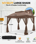 11x11 Pop Up Gazebo With Mesh Netting And UPF 50 Plus UV Protection, No Tool Setup Easy Up Outdoor Canopy Tent, Water Resistant Shelter Providing 121 Sq Ft Of Coverage, Portable Brown, shown with dimensions and mesh sides.