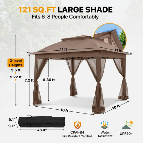 11x11 Pop Up Gazebo With Mesh Netting And UPF 50 Plus UV Protection, No Tool Setup Easy Up Outdoor Canopy Tent, Water Resistant Shelter Providing 121 Sq Ft Of Coverage, Portable Brown, shown with dimensions and mesh sides.
