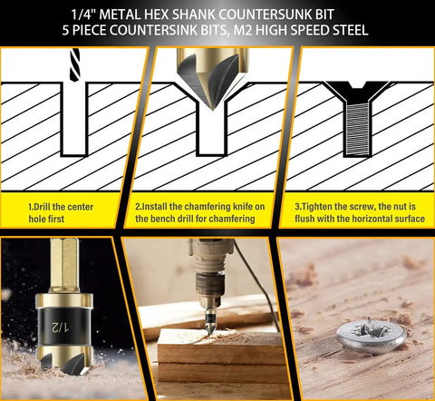Five Piece Countersink Drill Bit Set For Metal With M2 Cobalt Bits, 82 Degree Countersink, Hex Shank, installation steps shown