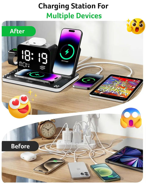 Comparison of before and after using Seven In One Wireless Charging Station for Apple Devices on a desk setup