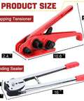 Heavy Duty Banding Strapping Kit With Tensioner And Sealer Tool All In One Pro Grade size details, red tools with measurements