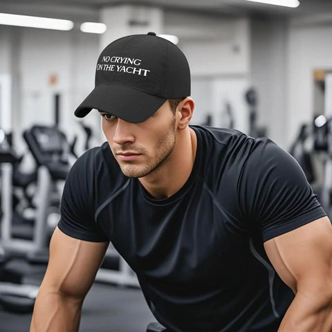 Man wearing allblack Grandpa Gift Baseball Hat For Outdoor Adventures Dope Adjustable Cap, text "NO CRYING ON THE YACHT"