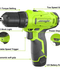 Cordless Drill Kit With 12V Power Drill, Battery And Charger, Lightweight Compact, labeled features and settings visible.