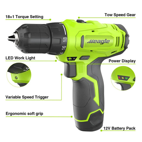 Cordless Drill Kit With 12V Power Drill, Battery And Charger, Lightweight Compact, labeled features and settings visible.