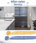Modern kitchen with stainless steel appliances and white counters showcasing after-sales service message.