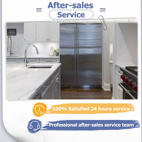 Modern kitchen with stainless steel appliances and white counters showcasing after-sales service message.
